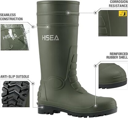 HISEA Men's Rain Boots with Steel Shank, Waterproof Rubber Protective Footwear, Seamless PVC Rainboots Outdoor Work Boots, Durable Garden Fishing Tall Kneed Boot for Agriculture and Industrial Working - Image 3