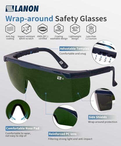 LANON Welding Safety Glasses,IR Filter Shade 5.0 Lens,Anti-Scratch & Anti-Impact,ANSI Z87.1 Double-sided Antifog,Wrap-Around Protective Safety Goggles,UV Protection - Image 3