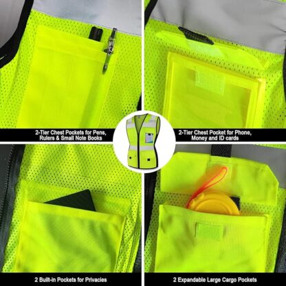 TCCFCCT Safety Vest for Women 11 Pockets Mesh Reflective Vest with Zipper, High Visibility Neon Construction Work Vest for Lady Workers/Drivers, Snug-Fit & Durable, - Image 7