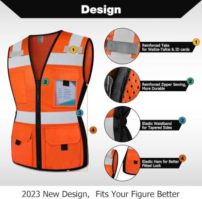 TCCFCCT Safety Vest for Women 11 Pockets Mesh Reflective Vest with Zipper, High Visibility Neon Construction Work Vest for Lady Workers/Drivers, Snug-Fit & Durable, - Image 5